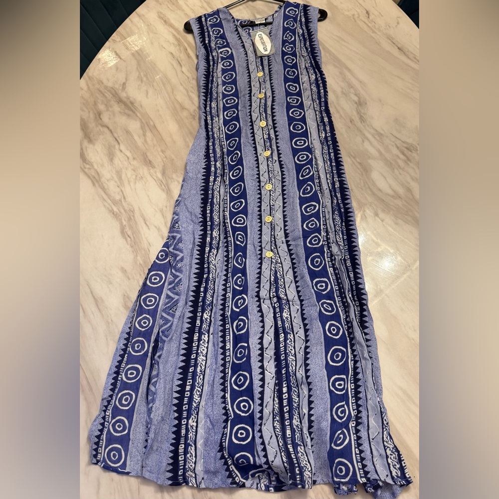 NWT Vintage Esprit Creations Blue and White Patterned Maxi Dress Size Small